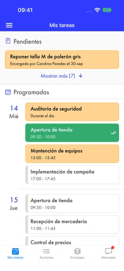 Mis tareas de un jefe de tienda para varios días: apertura de tienda enviada, auditoría de seguridad durante el día, mantención de equipos e implementación de campaña