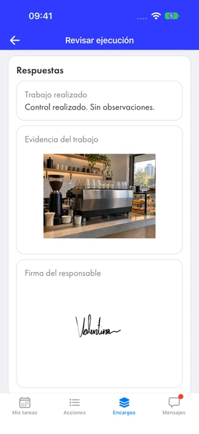 Revisión de una tarea enviada: trabajo realizado, foto de evidencia de la barra del café y firma del responsable