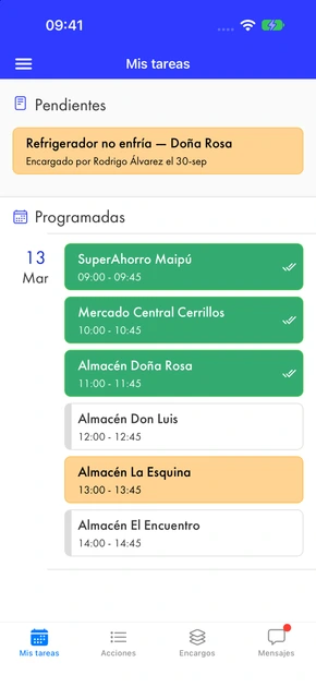 Mis tareas de una mercaderista: ruta del día con seis visitas, tres ya enviadas