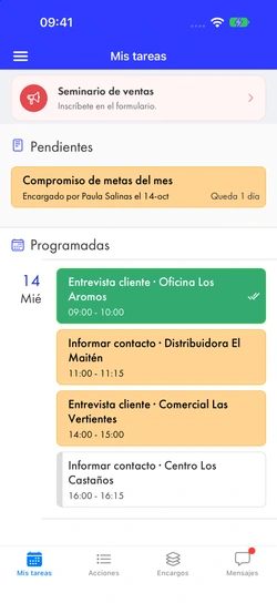 Mis tareas de un vendedor: aviso de un seminario de ventas, compromiso de metas del mes pendiente, entrevistas de una hora con clientes e informes de contacto de 15 minutos